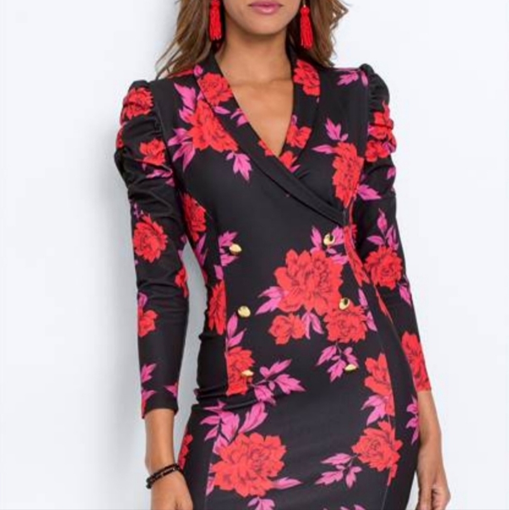 NEW Elegant Floral Puff Shoulder Long Sleeve Bodycon Dress size L